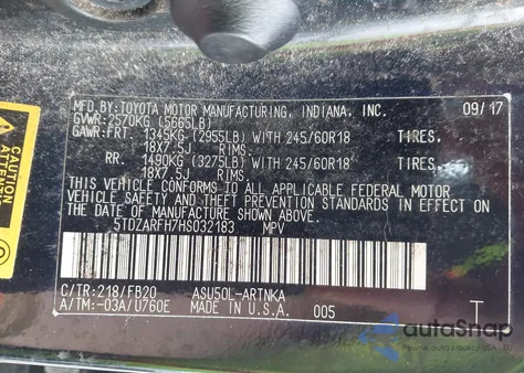 2017 Toyota Highlander Le from USA, damaged, VIN 5TDZARFH7HS032183